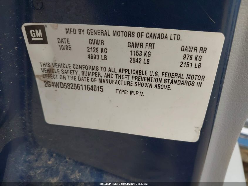 2006 Buick Lacrosse Cxl VIN: 2G4WD582561164015 Lot: 43419565