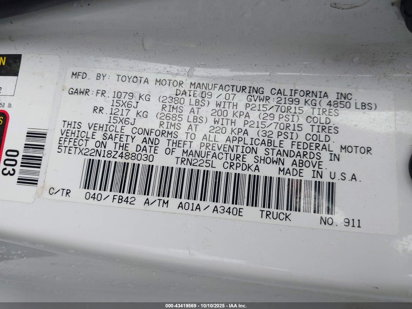5TETX22N18Z488030 2008 TOYOTA TACOMA photo no. 9