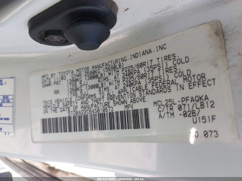 2004 Toyota Sienna Xle Limited VIN: 5TDBA22C64S010673 Lot: 43419580