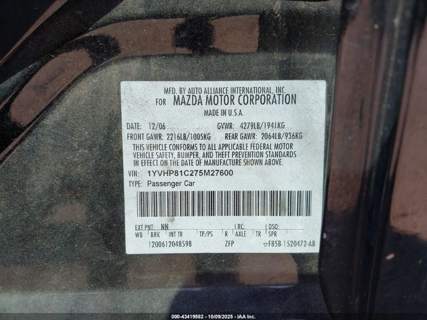 2007 Mazda Mazda6 I Grand Touring VIN: 1YVHP81C275M27600 Lot: 43419582