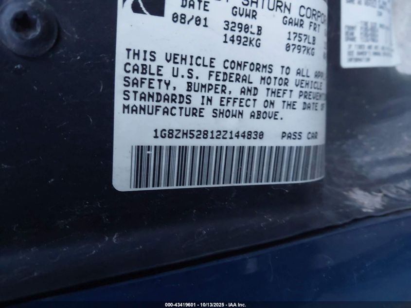 2002 Saturn S-Series Sl1 VIN: 1G8ZH52812Z144830 Lot: 43419601