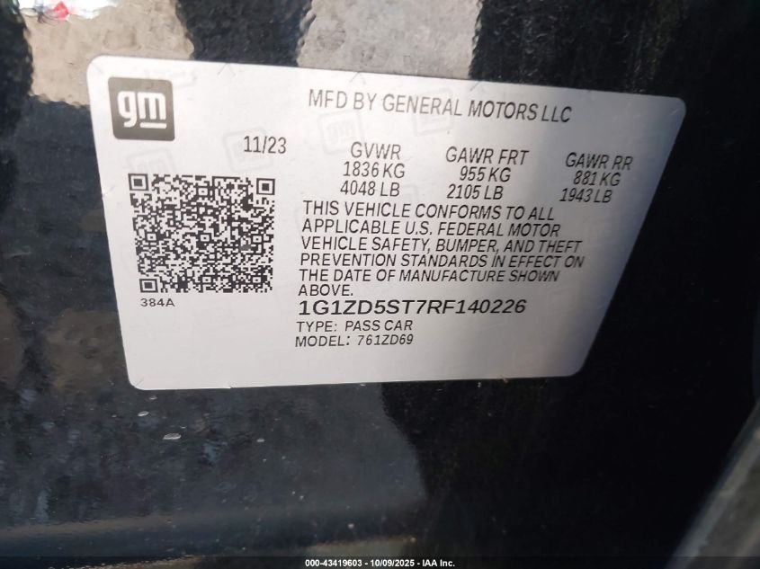 2024 Chevrolet Malibu Fwd 1Lt VIN: 1G1ZD5ST7RF140226 Lot: 43419603