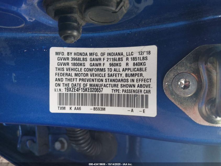 2019 Honda Insight Lx VIN: 19XZE4F15KE020657 Lot: 43419606