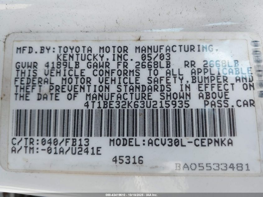 2003 Toyota Camry Le VIN: 4T1BE32K63U215935 Lot: 43419610