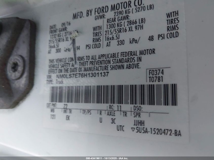 2017 Ford Transit Connect Xl VIN: NM0LS7E76H1301137 Lot: 43419611