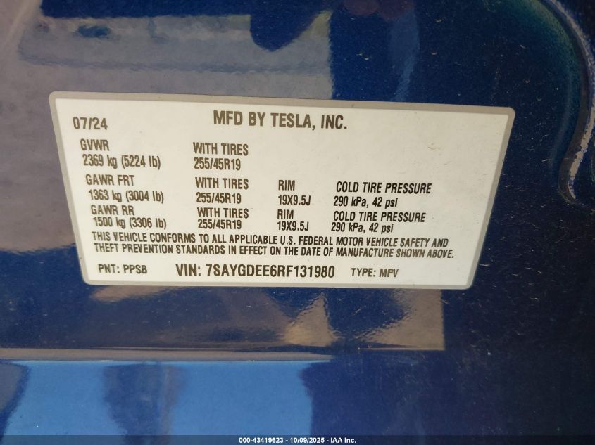 2024 Tesla Model Y Long Range Dual Motor All-Wheel Drive VIN: 7SAYGDEE6RF131980 Lot: 43419623