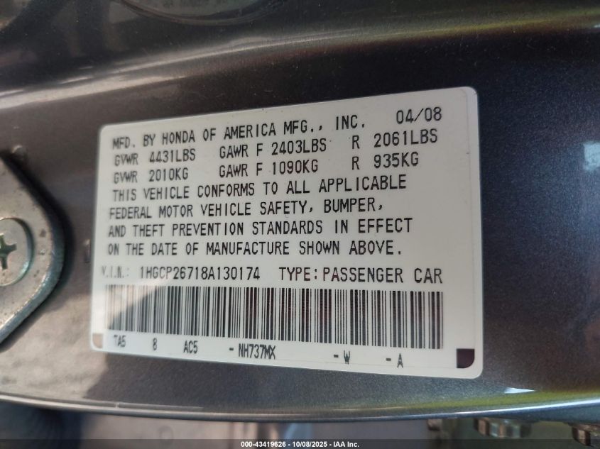 2008 Honda Accord 2.4 Ex VIN: 1HGCP26718A130174 Lot: 43419626