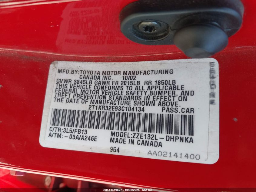 2003 Toyota Matrix Xr VIN: 2T1KR32E93C104134 Lot: 43419627