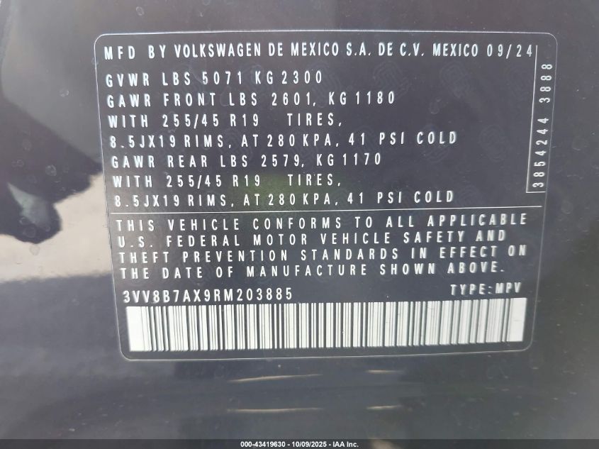 2024 Volkswagen Tiguan 2.0T Se R-Line Black VIN: 3VV8B7AX9RM203885 Lot: 43419630