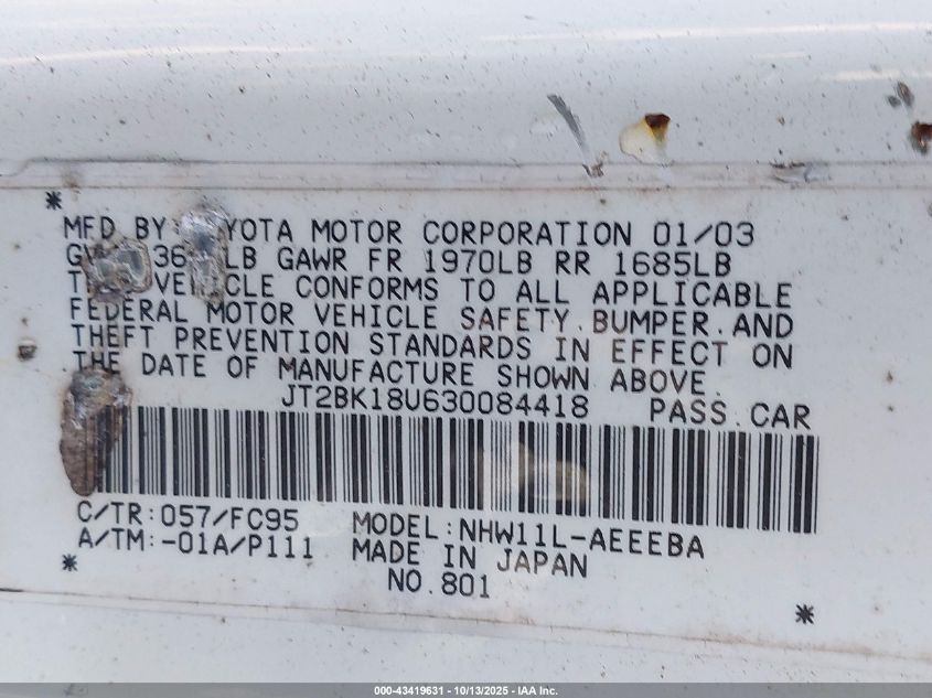 2003 Toyota Prius VIN: JT2BK18U630084418 Lot: 43419631