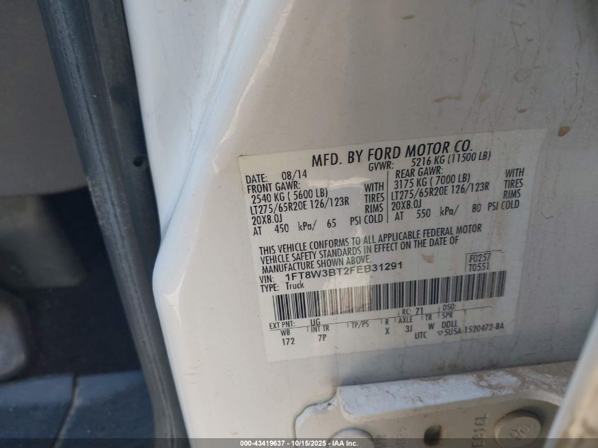 2015 Ford F-350 Lariat VIN: 1FT8W3BT2FEB31291 Lot: 43419637