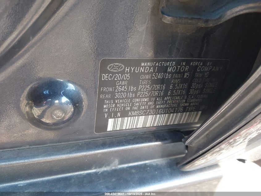 2006 Hyundai Santa Fe Gls VIN: KM8SC73D16U104176 Lot: 43419641