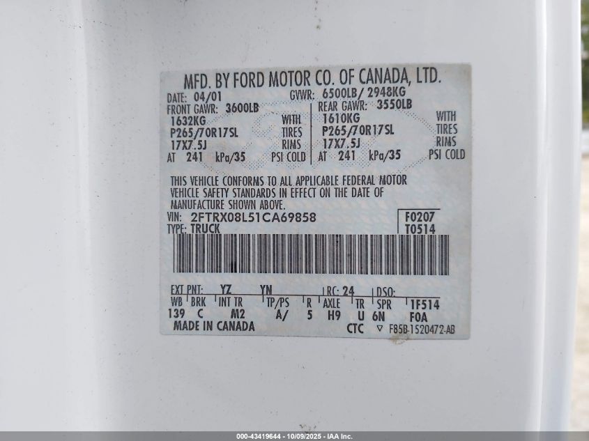 2001 Ford F-150 Lariat/Xl/Xlt VIN: 2FTRX08L51CA69858 Lot: 43419644