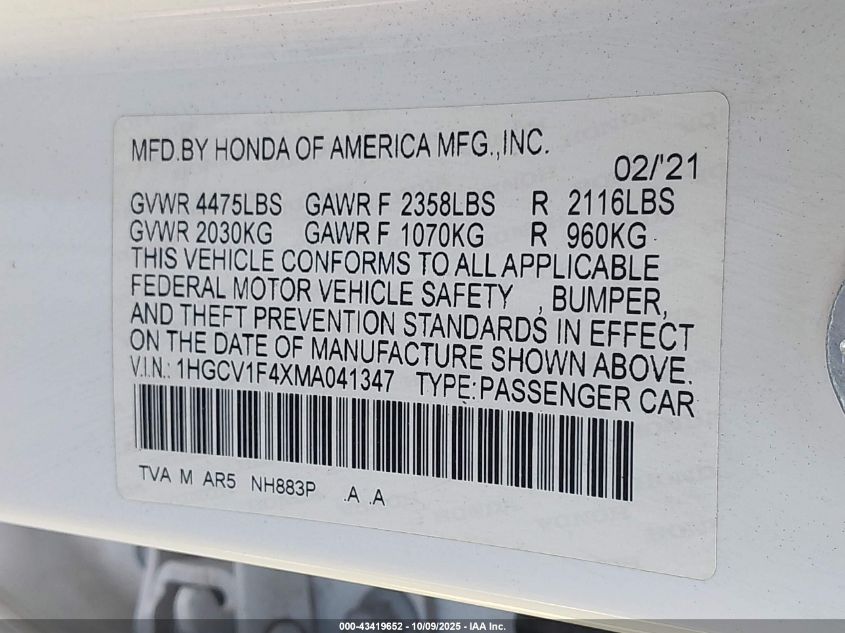 2021 Honda Accord Sport Special Edition VIN: 1HGCV1F4XMA041347 Lot: 43419652