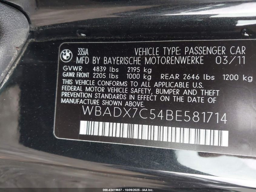 2011 BMW 335I VIN: WBADX7C54BE581714 Lot: 43419657