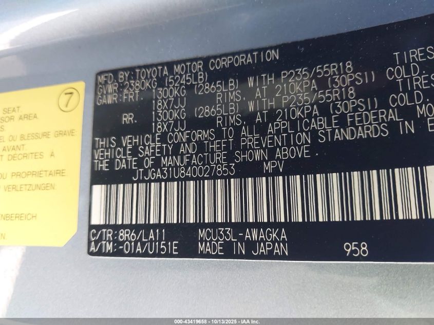 2004 Lexus Rx 330 VIN: JTJGA31U840027853 Lot: 43419658