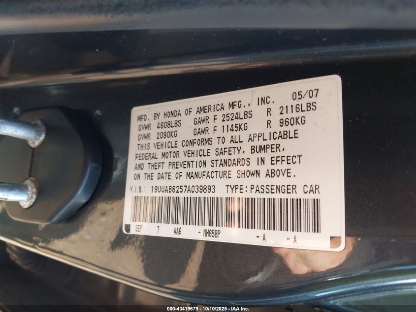 2007 Acura Tl 3.2 VIN: 19UUA66257A039893 Lot: 43419679