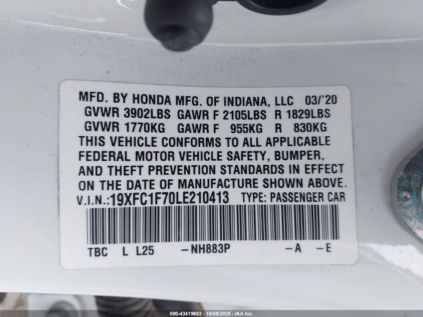 2020 Honda Civic Ex-L VIN: 19XFC1F70LE210413 Lot: 43419683