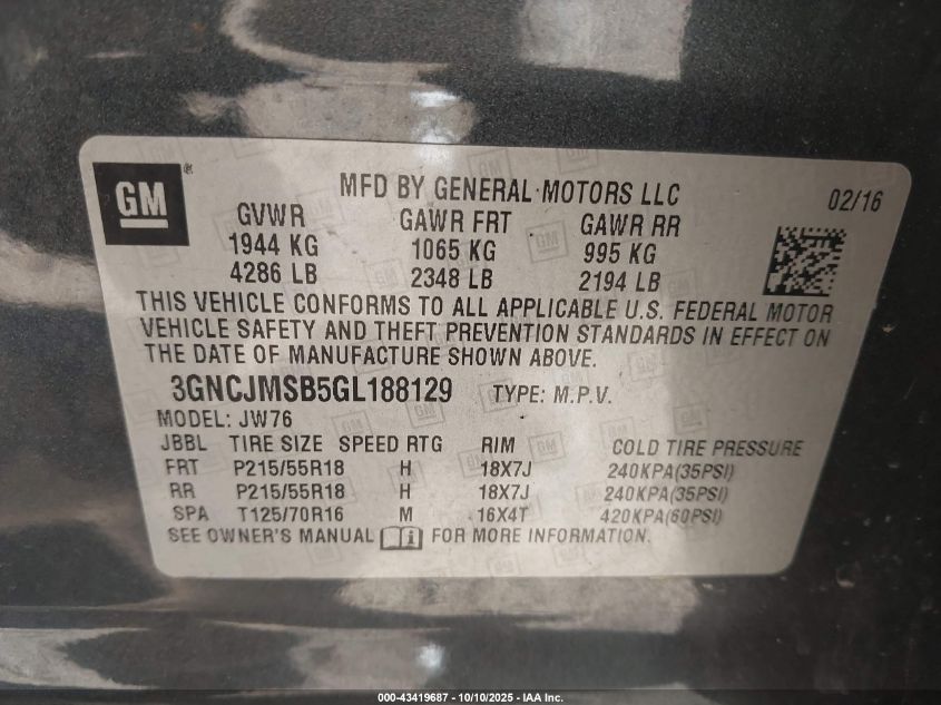 2016 Chevrolet Trax Ltz VIN: 3GNCJMSB5GL188129 Lot: 43419687