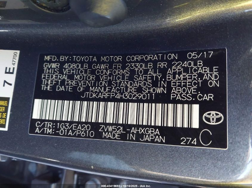 2017 Toyota Prius Prime Advanced VIN: JTDKARFP4H3029011 Lot: 43419693