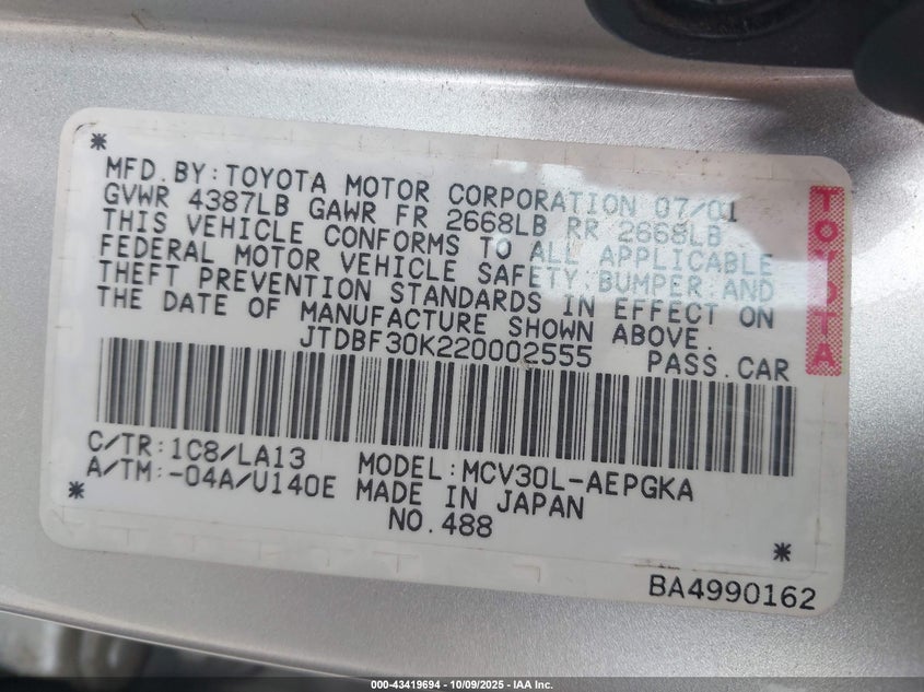 2002 Toyota Camry Xle V6 VIN: JTDBF30K220002555 Lot: 43419694