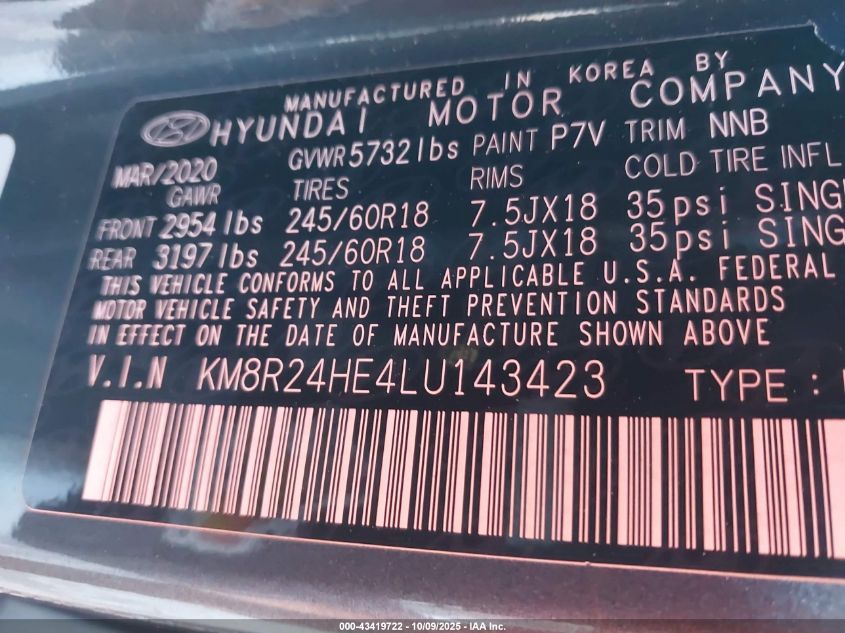 2020 Hyundai Palisade Sel VIN: KM8R24HE4LU143423 Lot: 43419722
