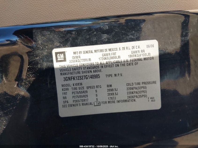 2007 Chevrolet Avalanche 1500 Ltz VIN: 3GNFK12327G140985 Lot: 43419732
