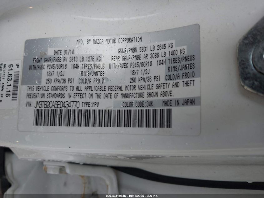 2014 Mazda Cx-9 Touring VIN: JM3TB2CA6E0434770 Lot: 43419736