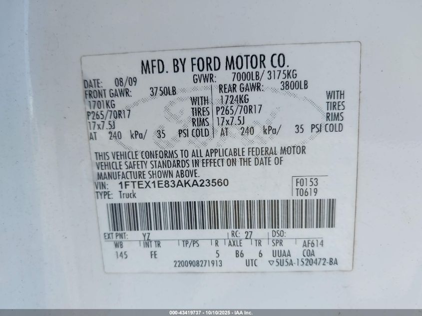 2010 Ford F-150 Stx/Xl/Xlt VIN: 1FTEX1E83AKA23560 Lot: 43419737