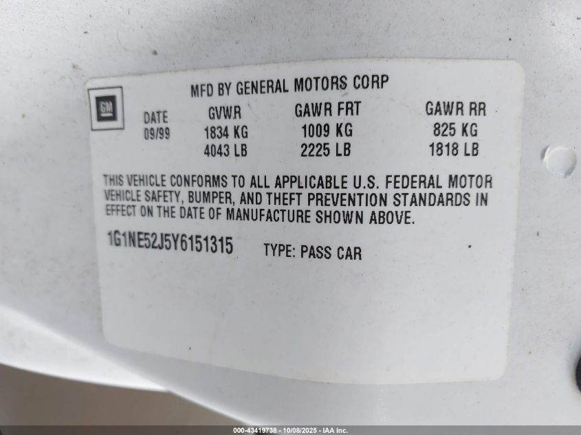 2000 Chevrolet Malibu Ls VIN: 1G1NE52J5Y6151315 Lot: 43419738