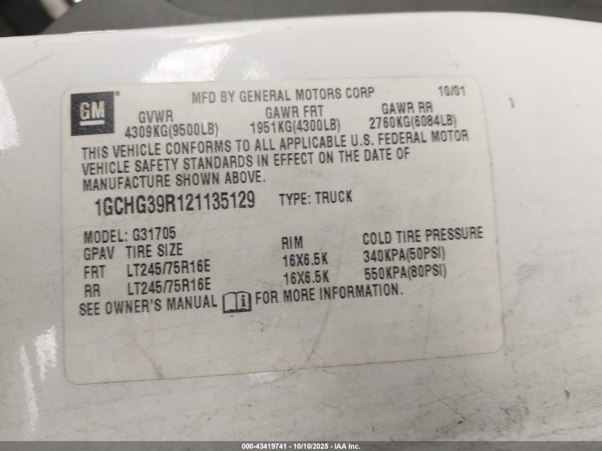 2002 Chevrolet Express VIN: 1GCHG39R121135129 Lot: 43419741