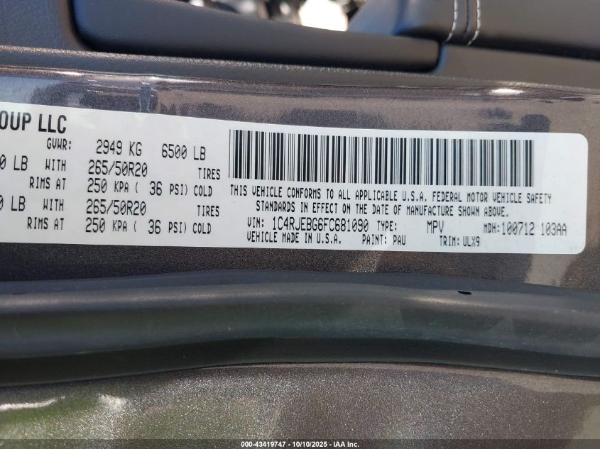 2015 Jeep Grand Cherokee Limited VIN: 1C4RJEBG6FC681090 Lot: 43419747