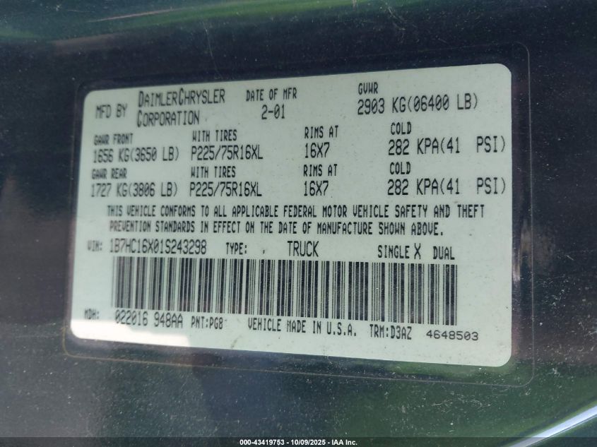 2001 Dodge Ram 1500 St/Ws VIN: 1B7HC16X01S243298 Lot: 43419753