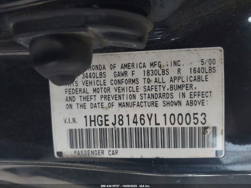 2000 Honda Civic Ex VIN: 1HGEJ8146YL100053 Lot: 43419757