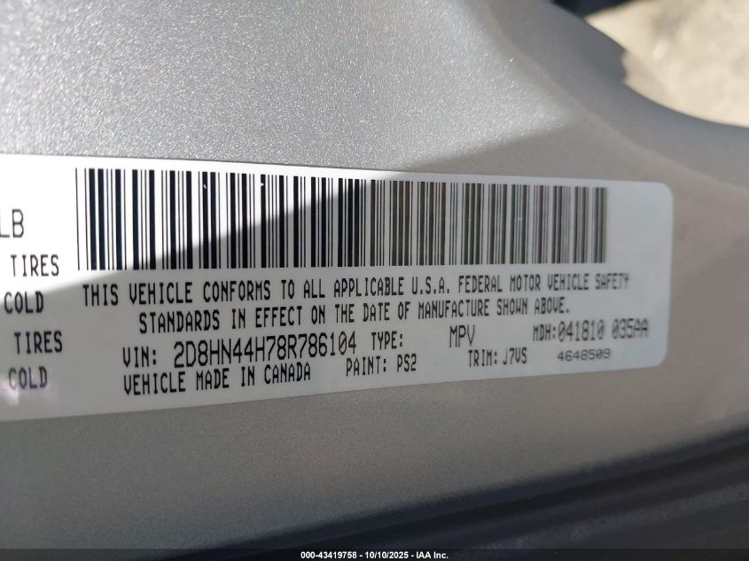 2008 Dodge Grand Caravan Se VIN: 2D8HN44H78R786104 Lot: 43419758