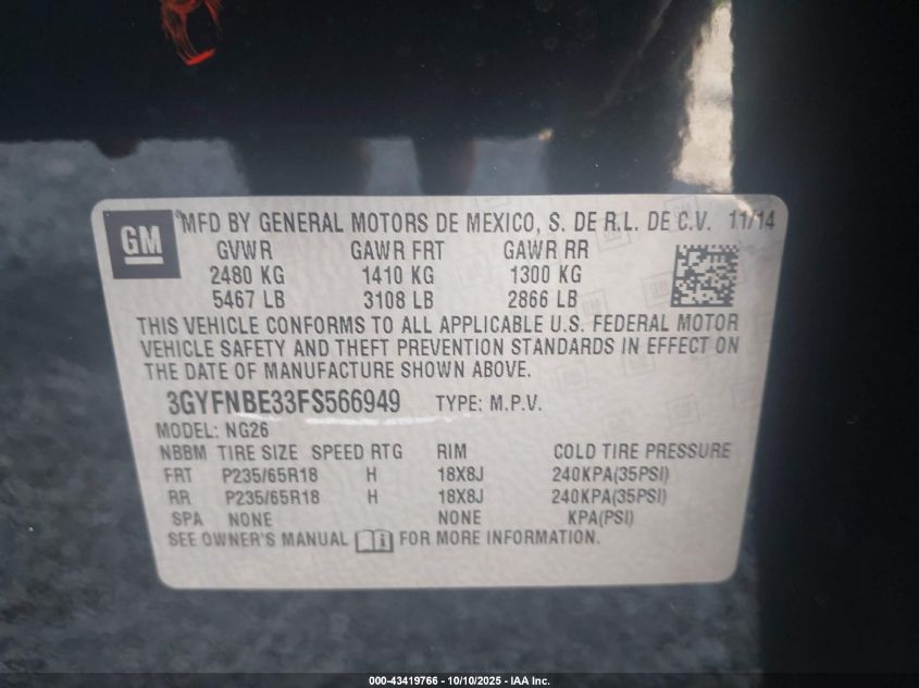 2015 Cadillac Srx Luxury Collection VIN: 3GYFNBE33FS566949 Lot: 43419766