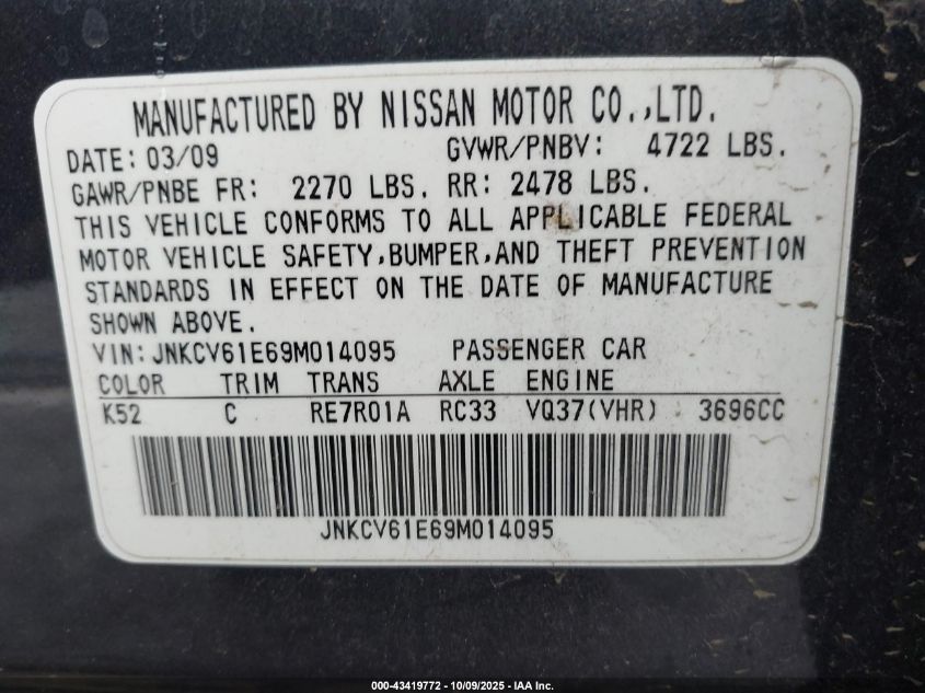 2009 Infiniti G37 Journey/Sport VIN: JNKCV61E69M014095 Lot: 43419772