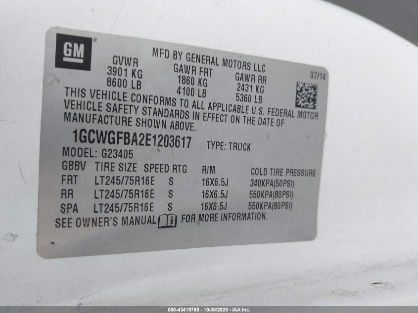 2014 Chevrolet Express 2500 Work Van VIN: 1GCWGFBA2E1203617 Lot: 43419788