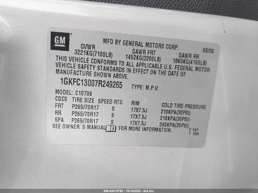 2007 GMC Yukon Sle VIN: 1GKFC13007R249265 Lot: 43419790