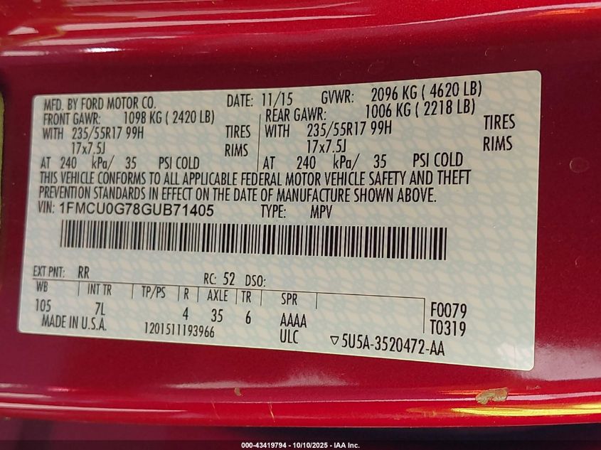 2016 Ford Escape Se VIN: 1FMCU0G78GUB71405 Lot: 43419794