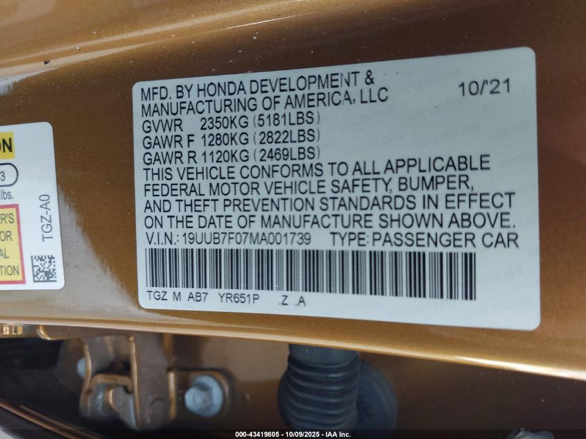 2021 Acura Tlx Type S VIN: 19UUB7F07MA001739 Lot: 43419805