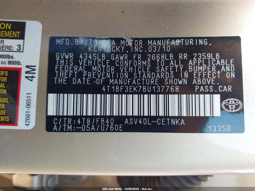 2011 Toyota Camry Le VIN: 4T1BF3EK7BU137768 Lot: 43419806