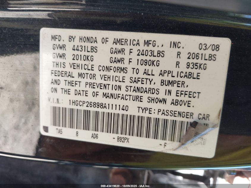 2008 Honda Accord 2.4 Ex-L VIN: 1HGCP26898A111140 Lot: 43419820
