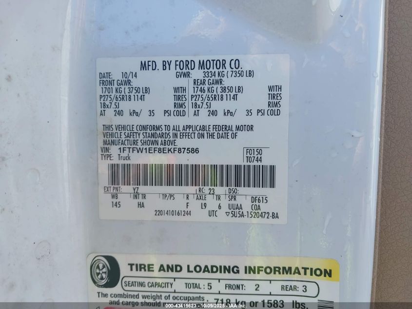 2014 Ford F-150 Lariat VIN: 1FTFW1EF8EKF87586 Lot: 43419823
