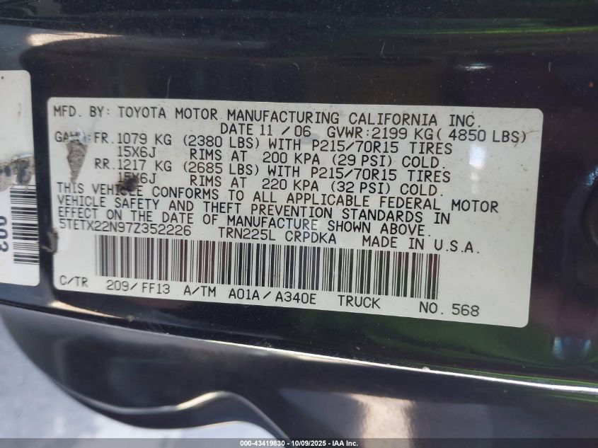 2007 Toyota Tacoma VIN: 5TETX22N97Z352226 Lot: 43419830