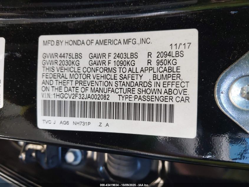 2018 Honda Accord Sport 2.0T VIN: 1HGCV2F32JA002082 Lot: 43419834