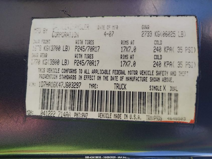 2007 Dodge Ram 1500 St VIN: 1D7HA16K47J603297 Lot: 43419835