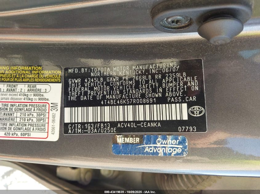 2007 Toyota Camry Le VIN: 4T4BE46K57R008691 Lot: 43419839