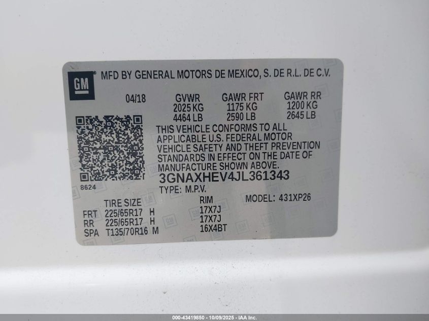 2018 Chevrolet Equinox Ls VIN: 3GNAXHEV4JL361343 Lot: 43419850