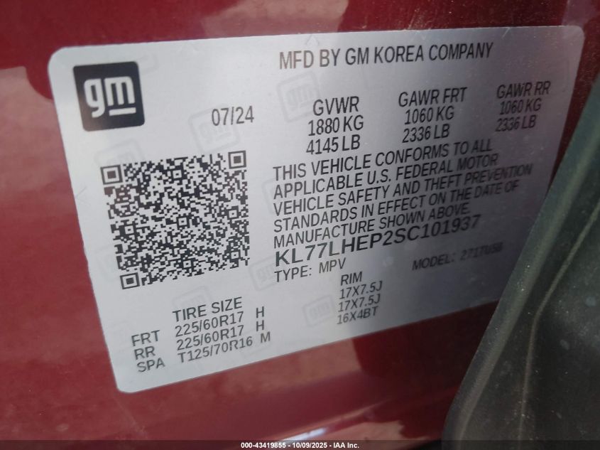 2025 Chevrolet Trax Fwd Lt VIN: KL77LHEP2SC101937 Lot: 43419855